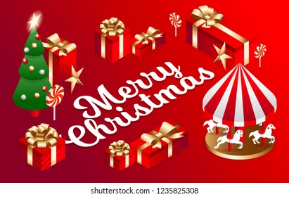 Vector isometric flat illustration. graphic design festive merry christmas and happy new year 2019. design elements on a red background isometric christmas tree with red gift boxes with golden bows