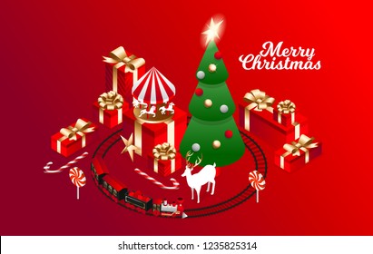 Vector isometric flat illustration. graphic design festive merry christmas and happy new year 2020. design elements on a red background isometric christmas tree with red gift boxes with golden bows