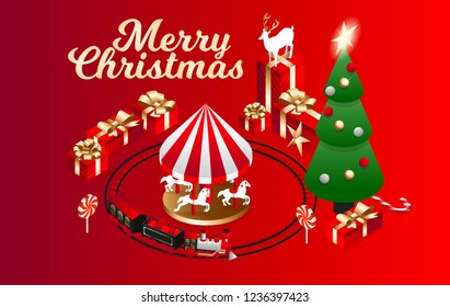 Vector isometric flat illustration. graphic design festive merry christmas and happy new year 2019. design elements on a red background isometric christmas tree with red gift boxes with golden bows