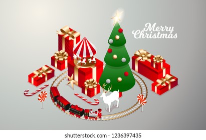 Vector isometric flat illustration. graphic design festive merry christmas and happy new year 2019. design elements on a red background isometric christmas tree with red gift boxes with golden bows