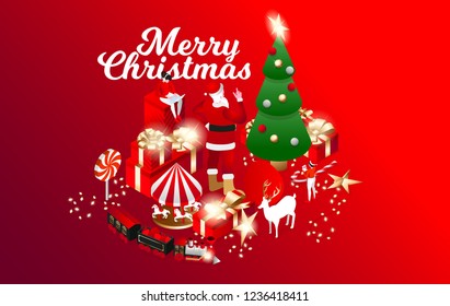 Vector isometric flat illustration. graphic design festive merry christmas and happy new year 2019. design little people help santa claus with gifts for new year and christmas. on red background