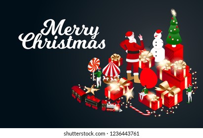 Vector isometric flat illustration. graphic design festive merry christmas and happy new year 2019. design little people help santa claus with gifts for new year and christmas. on black background