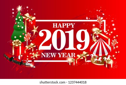 Vector isometric flat illustration. graphic design festive merry christmas and happy new year 2019. design elements on a red background isometric christmas tree with red gift boxes with golden bows