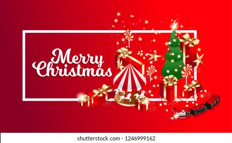 Vector isometric flat illustration. graphic design festive merry christmas and happy new year 2019. design elements on a red background isometric christmas tree with red gift boxes with golden bows