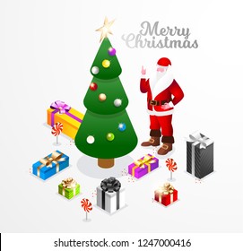 Vector isometric flat illustration. graphic design festive merry christmas and happy new year 2019. design elements on a red background isometric christmas tree with red gift boxes with golden bows