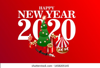 Vector isometric flat illustration. graphic design festive merry christmas and happy new year 2020. design elements on a red background isometric christmas tree with red gift boxes with golden bows