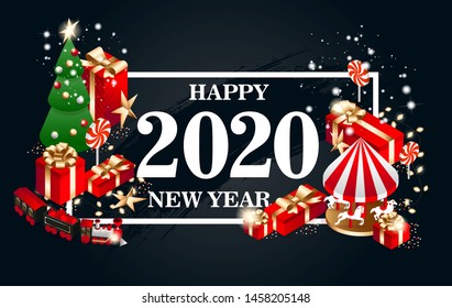 Vector isometric flat illustration. graphic design festive merry christmas and happy new year 2020. design elements on a red background isometric christmas tree with red gift boxes with golden bows