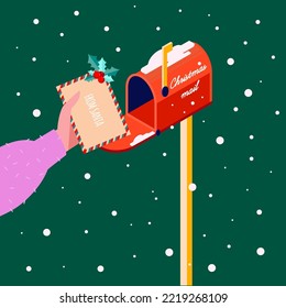 Vector isometric flat illustration isolated on emerald background. Mailbox with letters for Santa. Classic decorative Christmas red mailbox. Letter for Santa. Hand holds a decorated envelope.Christmas