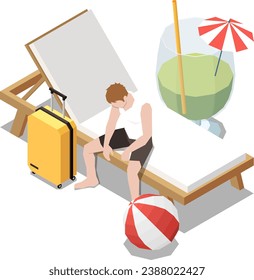 Vector isometric flat illustration man going to beach vacation isolated on white background