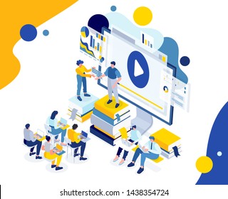 Vector isometric flat illustration. modern video tutorials online course with the help of an instructional video. People gathered to listen to the webinar and receive new knowledge. metaphor idea