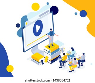 Vector isometric flat metaphor illustration. modern video tutorials online course with the help of an instructional video. People gathered to listen to the webinar and receive new knowledge.