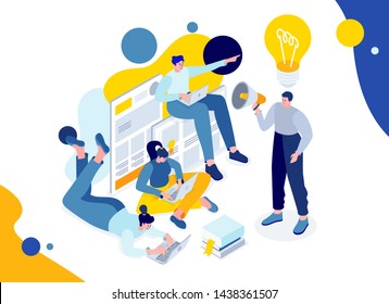 Vector isometric flat metaphor illustration. team work on the project. people discuss and set goals and develop a new idea. scheduling work projects. cohesive teamwork