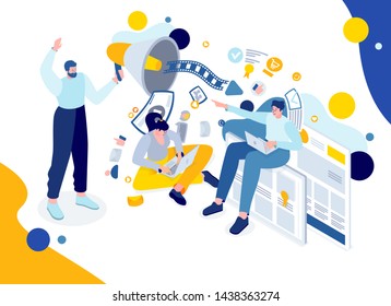 Vector isometric flat metaphor illustration. team work on the project. people are in the internet space. social and media space for entertainment and online platforms for online business and earnings