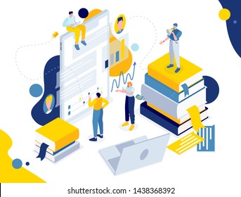 Vector isometric flat metaphor illustration. team work on the project. people pass onlain courses read books in the electronic library. team review webinar