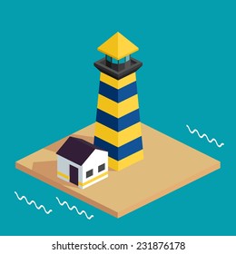 Vector isometric flat nautical lighthouse in sea
