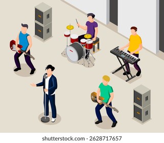 vector isometric flat style illustration of people playing music at a concert