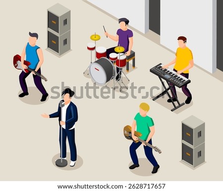 vector isometric flat style illustration of people playing music at a concert