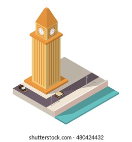 Vector isometric flat a tower with hours standing on the embankment and the road with cars.Design elements for the websites on architecture for games, for travel agencies
