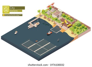Vector isometric floating solar power plant. Floating photovoltaic solar farm construction and installation on water surface. Solar farm or station workers installing photovoltaic panel modules