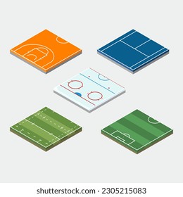 Vector. isometric floor. half area of sport field collection. basketball tennis court hockey rugby and football.