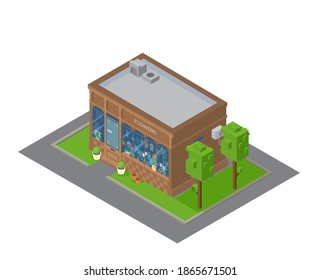 Vector Isometric Flower Shop Building With Showcase With Plants And Flowers.