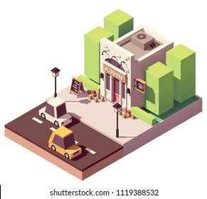 Vector isometric flower shop or florist shop with signboard and flowers and plants outside