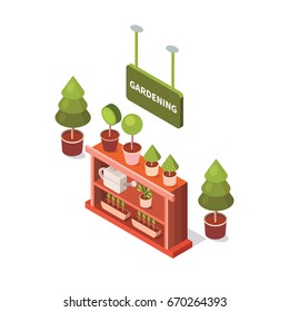 Vector isometric flower shop. Illustration growing plants. Work in the garden in the summer and spring. Isometric flowers in pot.