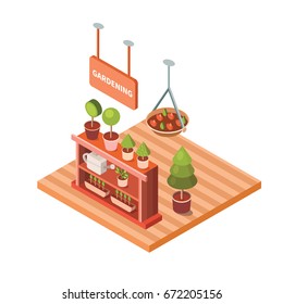 Vector isometric flower shop. Illustration growing plants. Work in the garden in the summer and spring. Isometric flowers in pot.