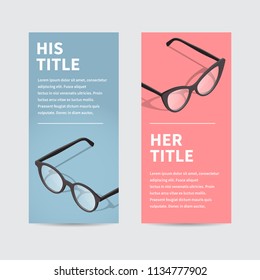 Vector isometric flyer template. Male versus female concept. Vector isometric man glasses and woman glasses.