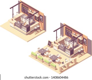 Vector isometric food court coffee shop or coffeehouse kiosk. Cafe interior with coffee machines, tables, seats, counter, cash register and blackboard menu