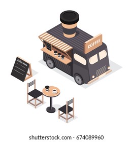 Vektorisometrische Food Trucks Symbole und Objekte. Lastwagen mit Kaffee. Illustration Street Drink Bus. Vintage-Bus. Café.