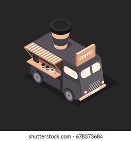 Vector isometric food trucks icons and objects. Trucks with coffee. Illustration street drink bus. Vintage bus. Coffee shop.