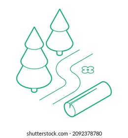 Vector isometric forest illustration. Fir trees, trail, log and flowers. Natural environment concept. Minimalistic outline design with optional white fill. All objects are separate.