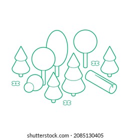 Vector Isometric Forest Illustration. Trees, Fir Trees, Bushes, Log And Flowers. Natural Environment Concept. Minimalistic Outline Design With Optional White Fill. All Objects Are Separate.