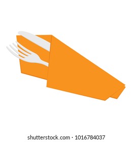 Vector isometric fork and knife in cloth napkin isolated on white background. Cutlery