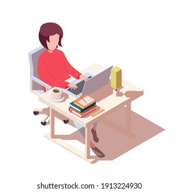 Vector isometric freelance woman working at home office. Online education.