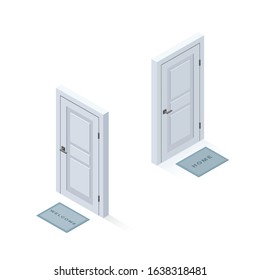 Vector isometric front doors with carpet. Interior constructor 