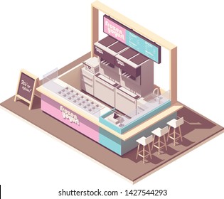 Vector isometric frozen yogurt kiosk cross-section. Cafe interior with frozen yogurt makers and refrigerator, counter, cash register, credit card terminal, blackboard menu