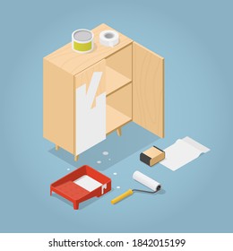 Vector isometric furniture renovation illustration. Partially painted cabinet with tray with paint, roller, sandpaper, cloth and masking tape.