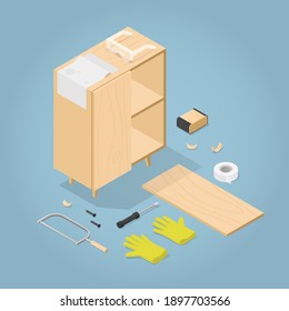 Vector isometric furniture renovation illustration. Partially assembled cabinet with screwdriver, protective glasses, saw, rubber gloves, sandpaper, cloth and masking tape.