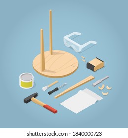 Vector isometric furniture repair illustration. Upside down wooden coffee table with tools laying around: hammer, screwdriver, safety glasses, chisel, brush, sandpaper, cloth, varnish.