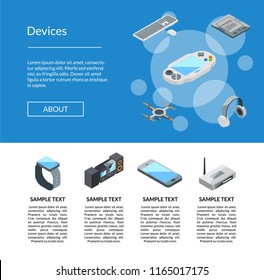 Vector isometric gadgets icons landing page template website with text info illustration