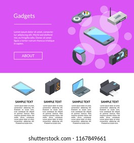 Vector isometric gadgets icons landing page template with text info illustration