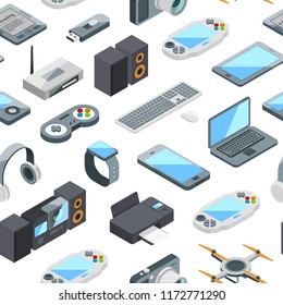 Vector isometric gadgets icons pattern or background illustration. Game device 3d