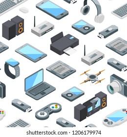 Vector isometric gadgets icons pattern or background illustration. Printer and drone, router and flash drive