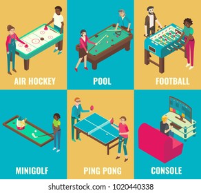 Vector isometric games set. Air hockey, pool, football, minigolf, ping pong and console design elements. Table games and video games concepts.