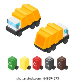 Vector isometric garbage truck. Back and front view. Icon for web. Isolated on white background.