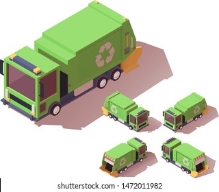 Vector Isometric Garbage Truck Icons. Four Views With Different Shadows