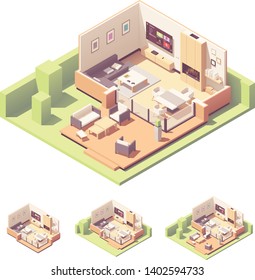 Vector Isometric Garden Summer House Interior. Sofa, Coffee Table, Tv, Dining Area, Fireplace, Patio And Outdoor Furniture