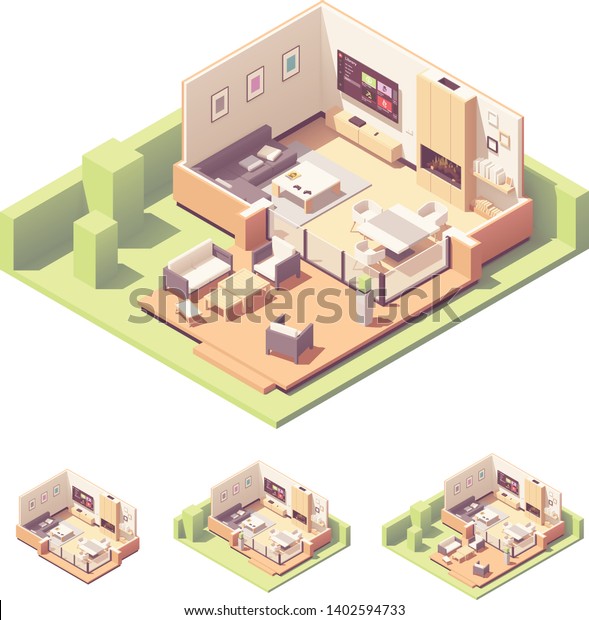 Vector Isometric Garden Summer House Interior Stock Vector